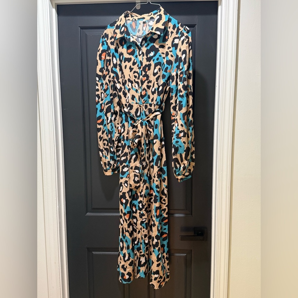 Leopard Print Button-Front Maxi Dress with Belt